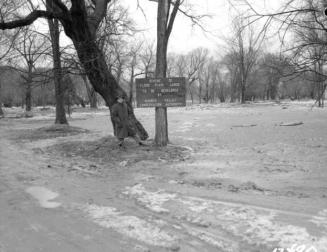 Man standing next to a notice of development for flood plain lands, Humber Valley Conservation Authority