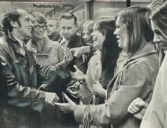 No generation gap here. Prime Minister Pierre Trudeau was greeted at Brampton's Shoppers' World Mall today by hundreds of adoring teenagers from Bramp(...)