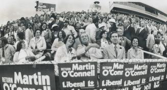 The biggest rally of the campaign so far any party was last night in Varsity Stadium, when Prime Minister Pierre Trudeau and his wife, Margaret, sat n(...)