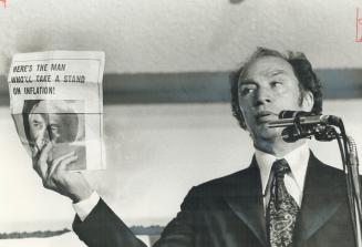Pierre Trudeau hammering Conservative policies of wage and price controls in the 1974 campaign