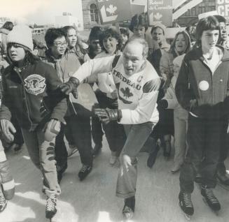 Skating to the finish: Enthusiastic about the possibility of foming the next government, Liberal Leader Pierre Trudeau spent yesterday's lunch hour skating in Nathan Phillips Square