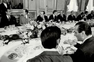 A lunch was given at Quai d' Orsay in honor of Pierre Trudeau Canadian Prime ministre seen second from left with Jean Lecanuet left and French premier Jacques Chirac profile right
