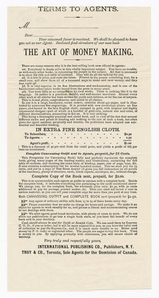 Terms to agents : ... your esteemed favor is received, we shall be pleased to have you act as our agent, enclosed find circulars of our new book The art of money making