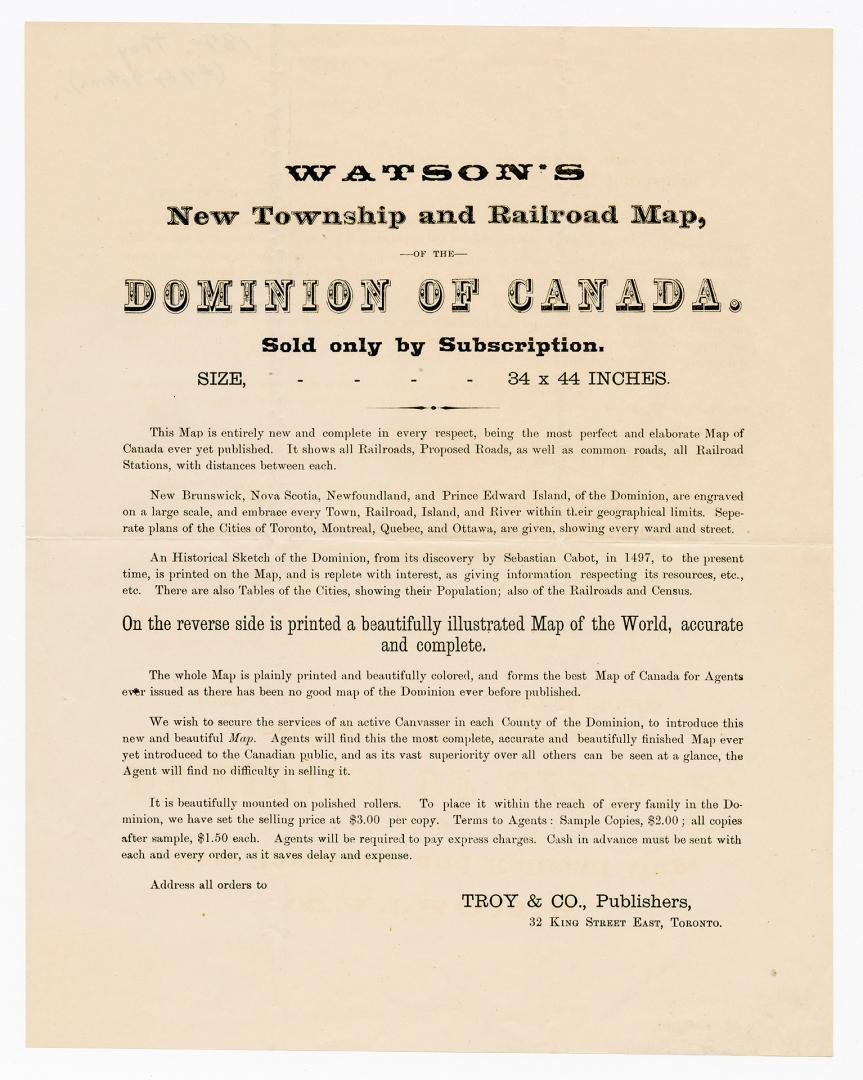 Watson's new township and railroad map, of the Dominion of Canada : sold only by subscription, size 34 x 44 inches
