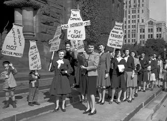 Housewives protest high milk prices, Queen's Park