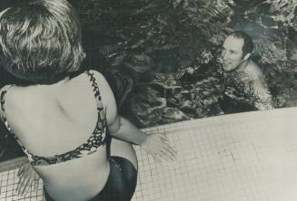 Things went swimmingly yesterday when our bachelor Prime Minister, Pierre Trudeau, took a dip in a sulphur bath at Harrison Hot Springs, B.C., where he's attending a Liberal policy conference