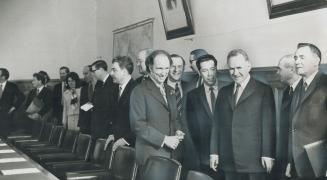 With new bride and Peking embassy as props, Prime Minister Pierre Trudeau (shown here with Premier Alexei Kosygin, centre, and Foreign Minister Andrei(...)