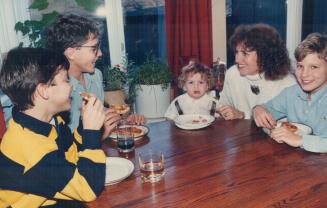 Family weekend: The sons of former prime minister Pierre Trudeau enjoy home-made pizza at the home of their mother, Margaret Kemper, and their half brother, Kyle, in Ottawa on the weekend