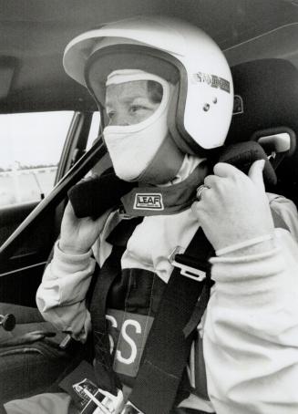 Turner, bundled up in a flame-proof suit, straps on the heavy harnesses of her Nissan Stanza (upper right)