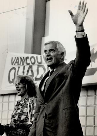 Prime Minister John Turner and his wife acnowledge to large crowd after being given the Vancouver-Quadra Liberal Nomination
