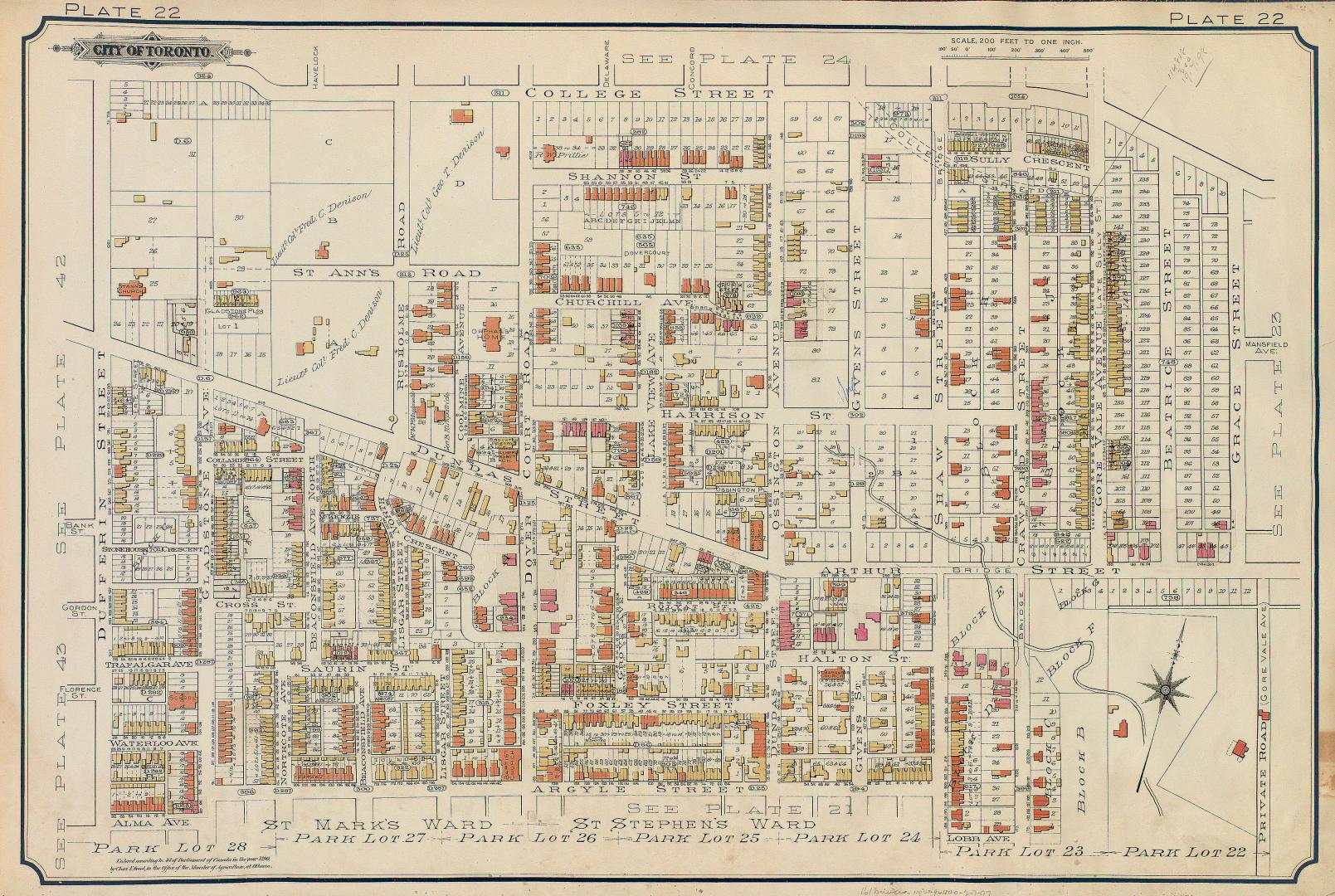 Atlas of the city of Toronto and vicinity from special survey founded on registered plans and showing all building and lot numbers.