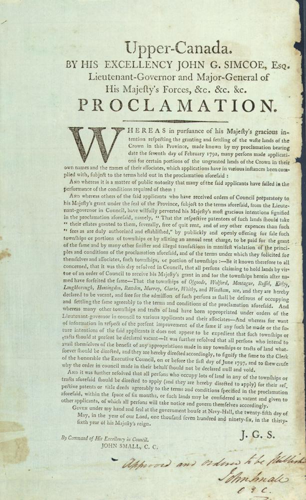 Upper Canada. By His Excellency John G. Simcoe, Esq. Lieutenant-Governor and Major-General of His Majesty's Forces, &c, &c, &c. Proclamation