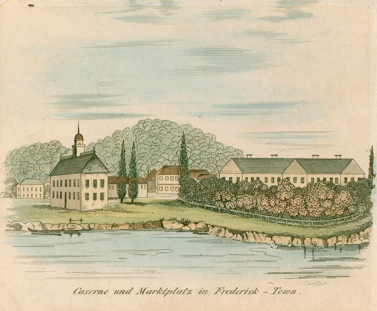 Caserne und Marktplatz in Frederick - Town (Fredericton, New Brunswick, circa 1820)