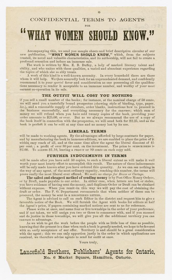 Confidential terms to agents for ''What women should know''