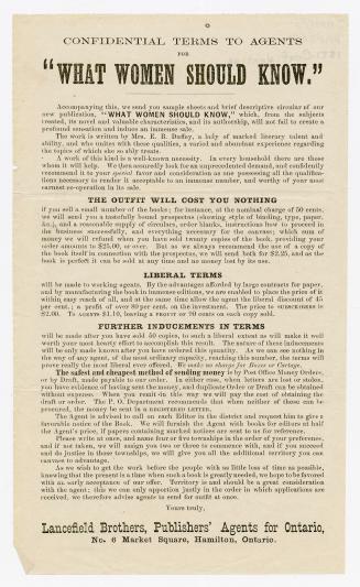 Confidential terms to agents for ''What women should know''