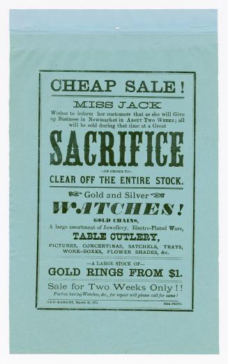 Cheap sale! Miss Jack wishes to inform her customers that she will give up business in Newmarket in about two weeks