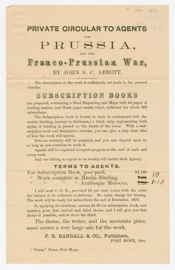 Private circular to agents for Prussia, and the Franco-Prussian war, by John S