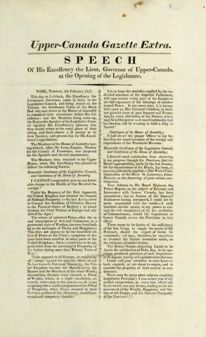 Upper Canada Gazette Extra. Speech of His Excellency the Lieut. Governor of Upper Canada at the Opening of the Legislature