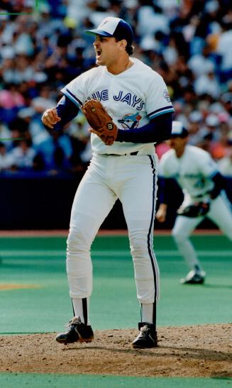 All right! Duane Ward hollers after puttin the finishing touches on the Jays' 11-7 win over the Yankees