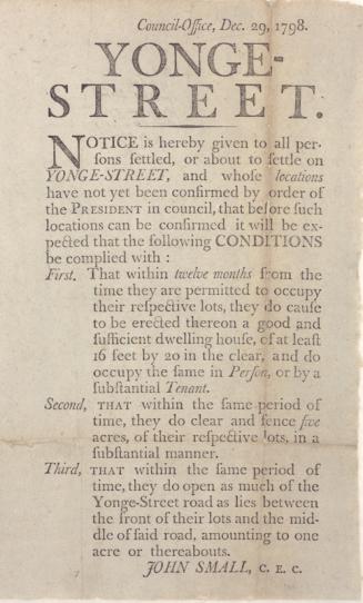 A broadsheet dated December 29, 1798, detailing conditions for persons settled or about to sett ...