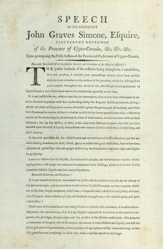Speech of His Excellency John Graves Simcoe, Esquire, Lieutenant Governor of the Province of Upper Canada, &c