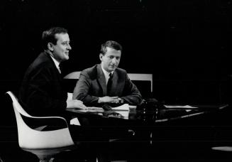 Patrick Watson in the 1960s with Laurier La Pierre on the set of This Hour Has Seven Days