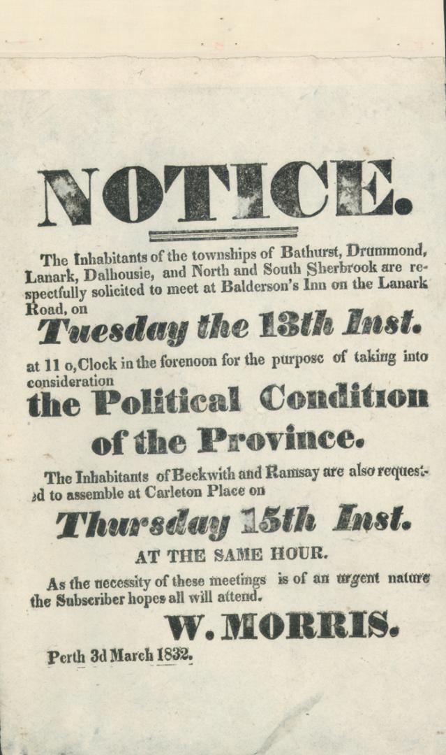 Notice. The inhabitants of the townships of Bathurst, Drummond, Lanark, Dalhousie and North and South Sherbrook ...