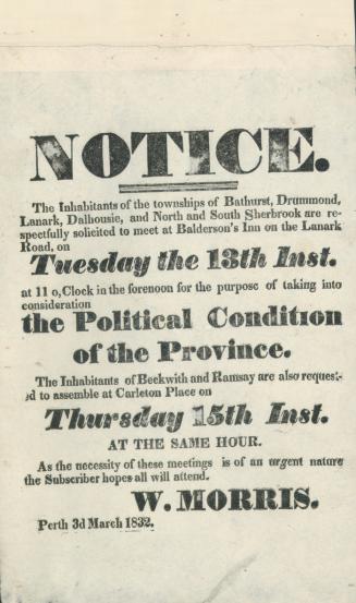 Notice. The inhabitants of the townships of Bathurst, Drummond, Lanark, Dalhousie and North and South Sherbrook ...