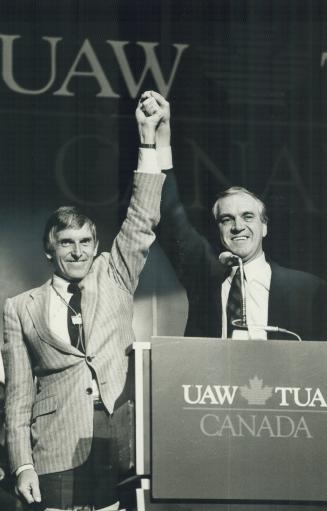 Handy friends: Union leader Bob White with Quebec's Robert Bourassa (above) and NDP leader Ed Broadbent (right)