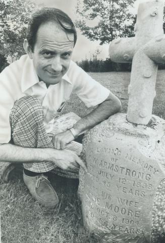 One of the foremost experts in Canada on genealogical research, Don Wilson, 41, a Sheridan College lecturer, studies a tombstone in a Derry Rd. cemete(...)