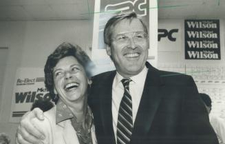 Winning smile: Michael Wilson and his wife Margie were jubilant at the news he had won Etobicoke Centre for the Progressive Conservatives again