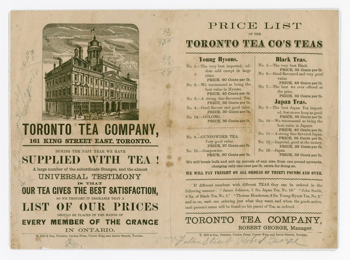 Price list of the Toronto Tea Co's teas
