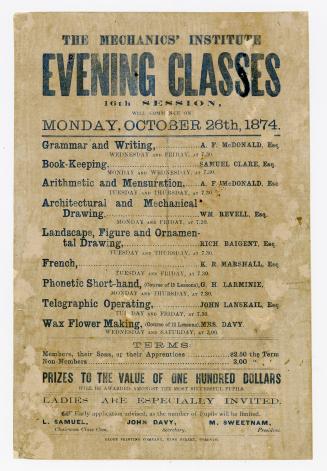 The Mechanics' Institute evening classes 16th session, will commence on Monday, October 26th 1874