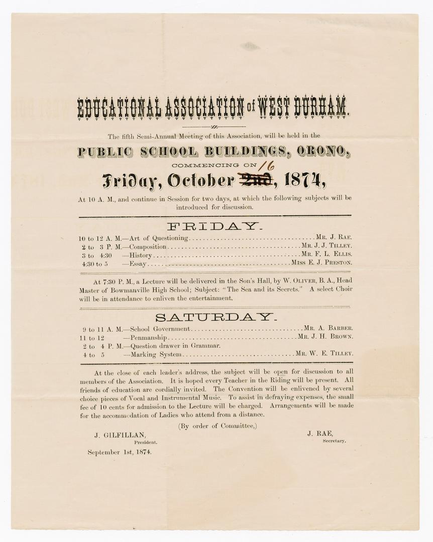 Educational Association of West Durham, the fifth semi-annual meeting of this association will be held in the public school buildings, Orono, commencing on Friday, October 2nd 1874