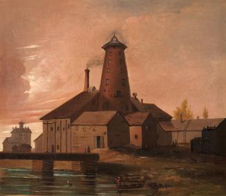 Painting shows a mill and the surrounding buildings by the water.