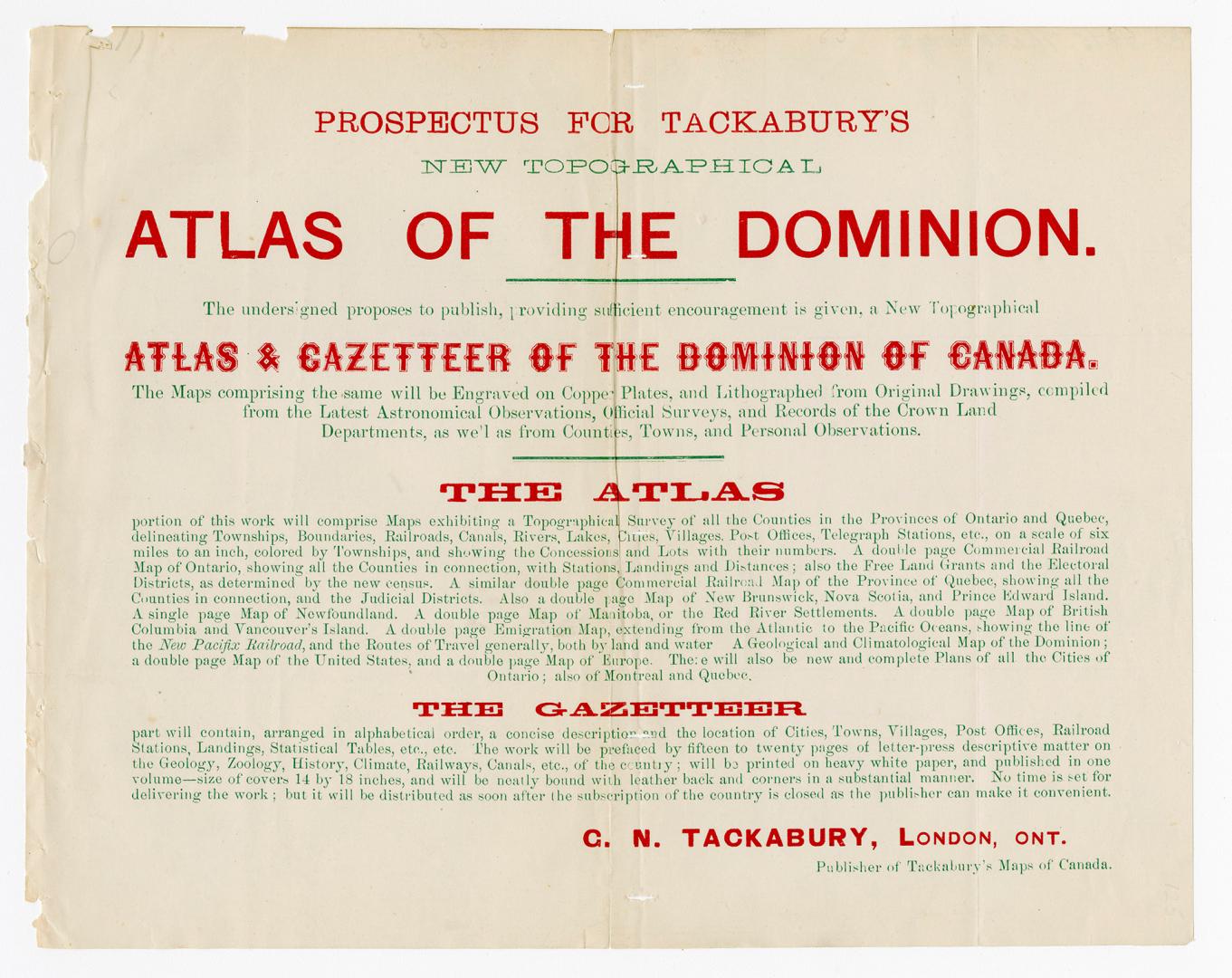 Prospectus for Tackabury's new topographical atlas of the Dominion