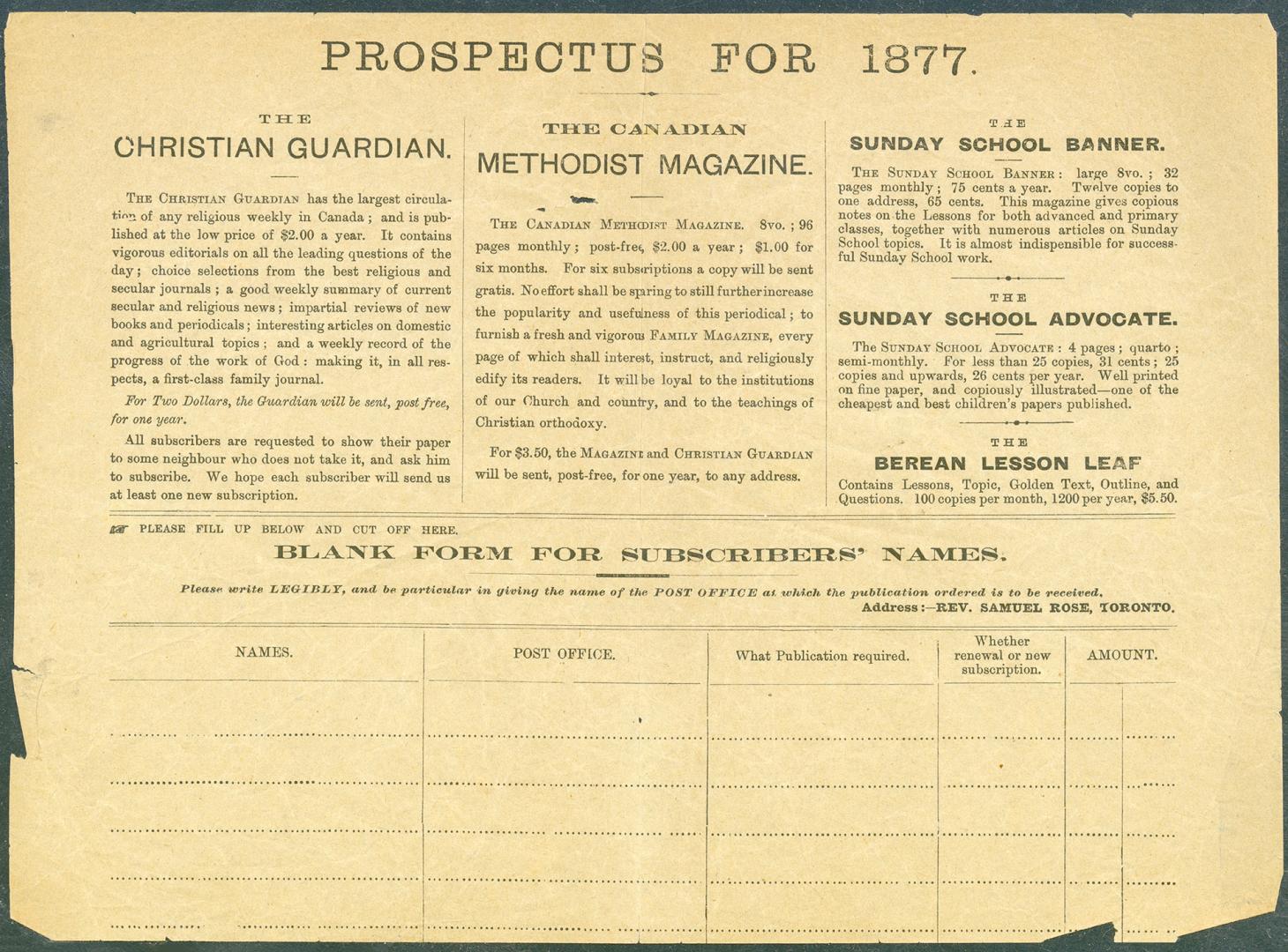 Prospectus for 1877 ... The Christian Guardian has the largest circulation of any religious weekly in Canada ...