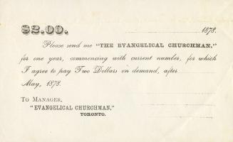 [Form] ... Please send me ''The Evangelical Churchman,'' for one year, commencing with current number ...