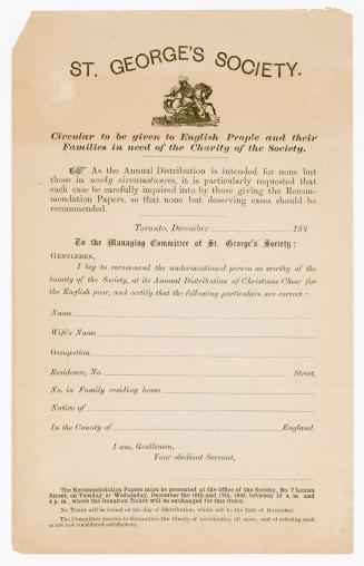 St. George's Society : circular to be given to English people and their families in need of the charity of the society