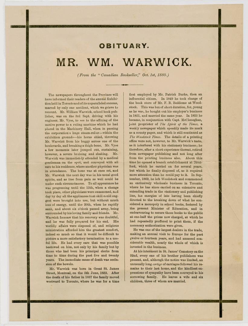 Obituary : Mr. Wm. Warwick (from the ''Canadian Bookseller,'' Oct. 1st, 1880)
