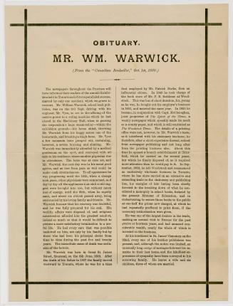 Obituary : Mr. Wm. Warwick (from the ''Canadian Bookseller,'' Oct. 1st, 1880)