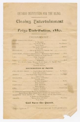 Programme for the Ontario Institution for the Blind's closing entertainment and prize distribut…