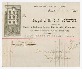 [Receipt] No. 23 Queen Street West : bought of King & Yorston, dealers in parlor & bedroom suites, hall stands, wardrobes, and office furniture of every description