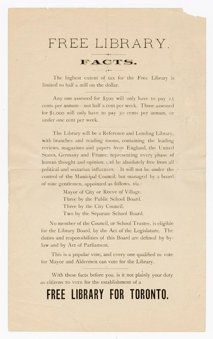Free library facts : the highest extent of tax for the free library is limited to half a mill on the dollar