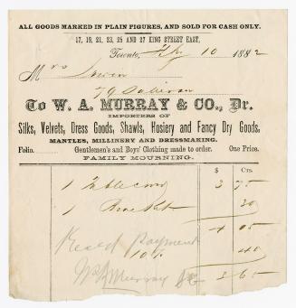 To W.A. Murray & Co., Dr. importers of silks, velvets, dress goods, shawls, hosiery, and fancy dry goods, mantles, millinery and dressmaking