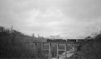 Image shows a side view of the bridge with a train on it.