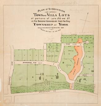 Image shows a plan of subdivision into town and villa lots of portions of lots 26 and 27 in the…