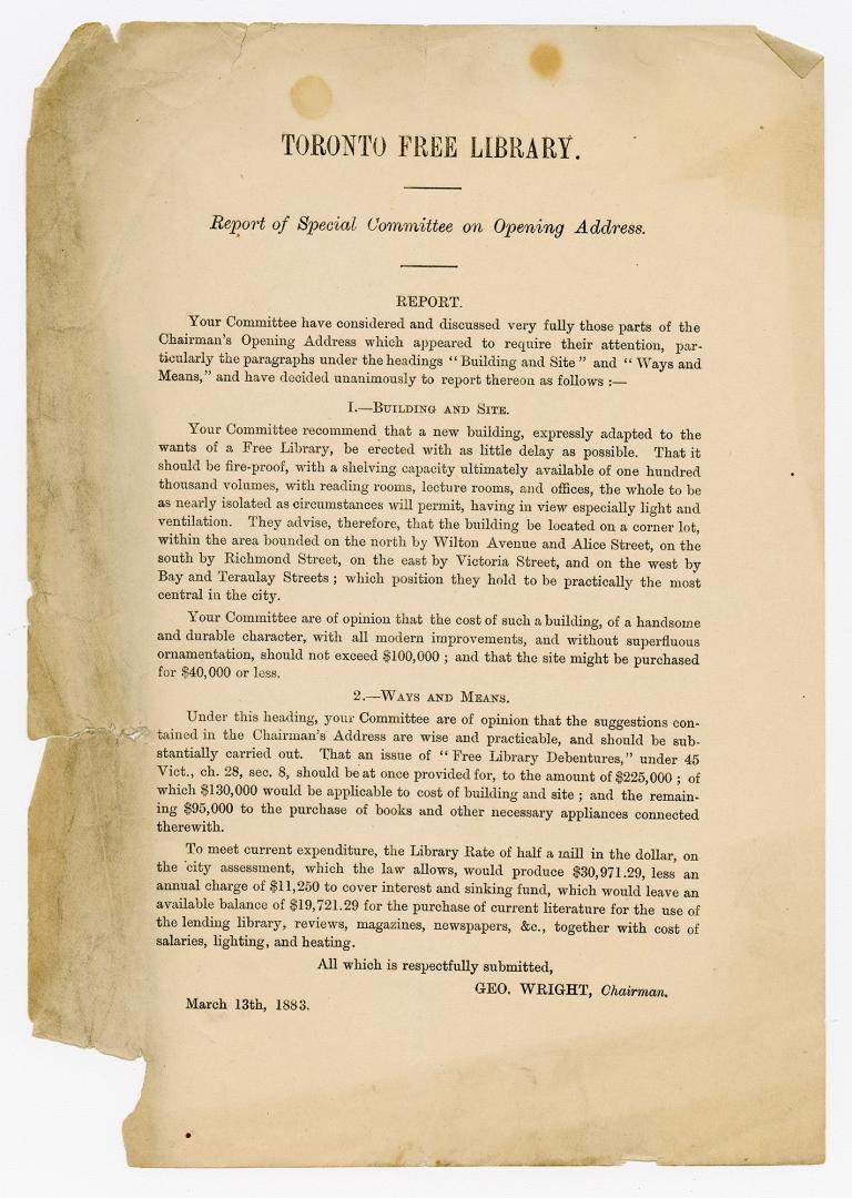 Toronto Free Library, report of special committee on opening address