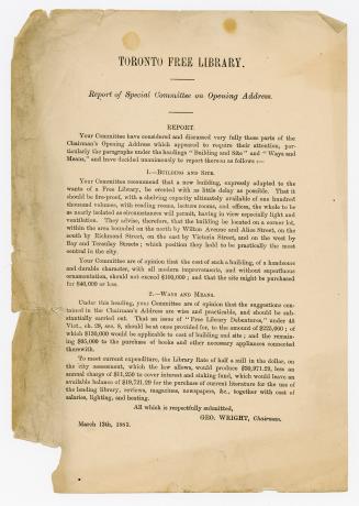 Toronto Free Library, report of special committee on opening address