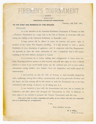 [Letter] Firemen's tournament, 1884 : office of the Industrial Exhibition Association, to the chief and members of the fire brigade